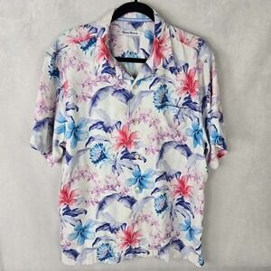 Tommy Bahama Men Large Silk Blend Shirt Tropical Floral Short Sleeve Island Zone